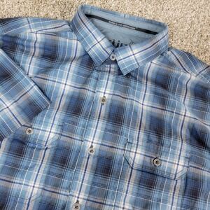 Kuhl Eluxur Mens Large Blue Plaid Button Up Short Sleeve Workshirt
